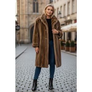 Vintage Union Made Faux Mink Fur Realistic Long Coat Brown Sz L Collar Classy